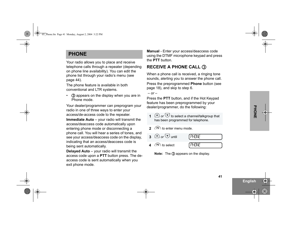 Phone, Receive a phone call | Motorola PM400 User Manual | Page 43 / 76