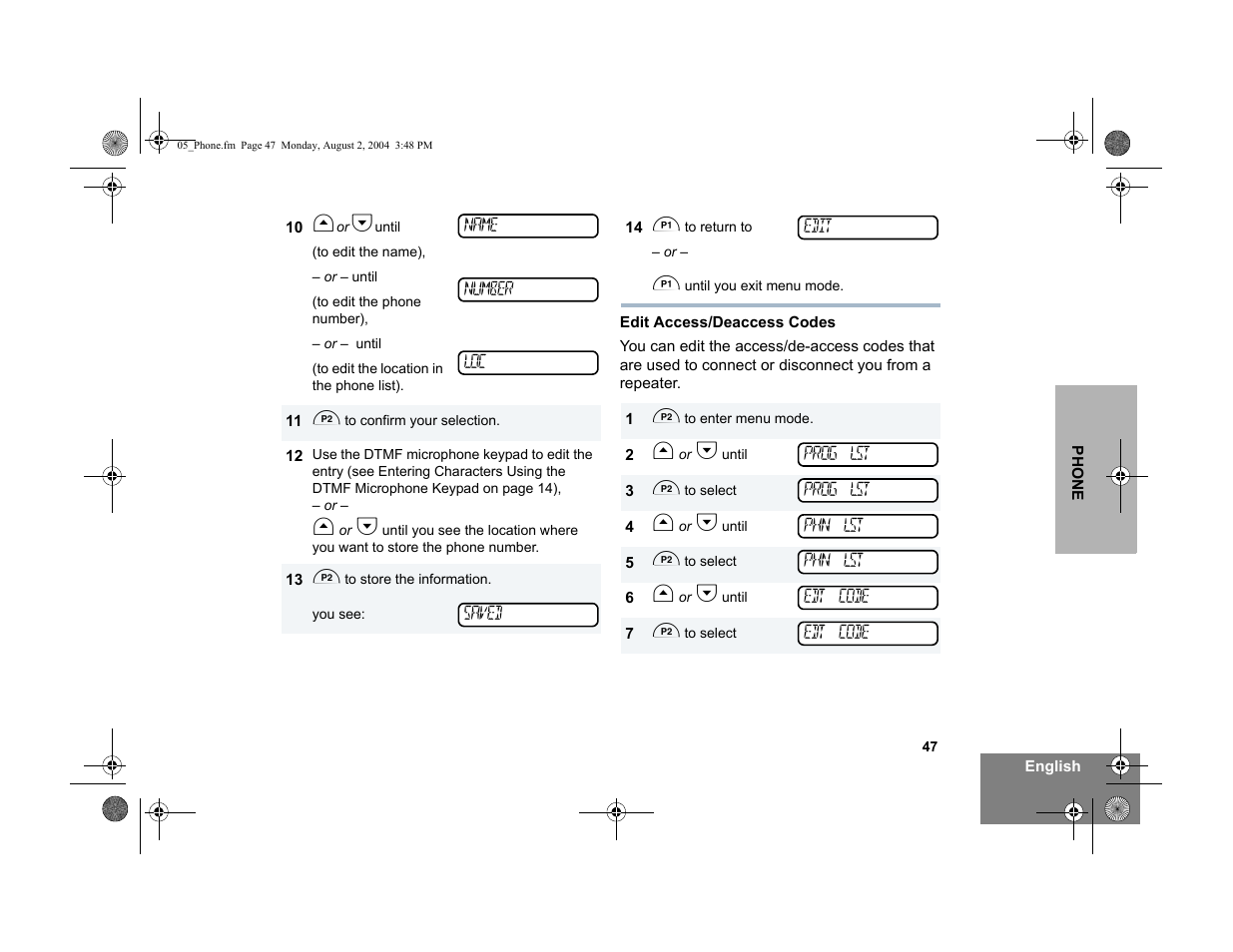 Edit access/deaccess codes | Motorola PM400 User Manual | Page 49 / 76