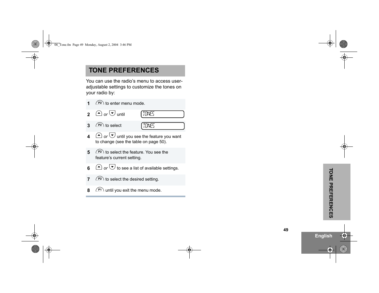 Tone preferences | Motorola PM400 User Manual | Page 51 / 76