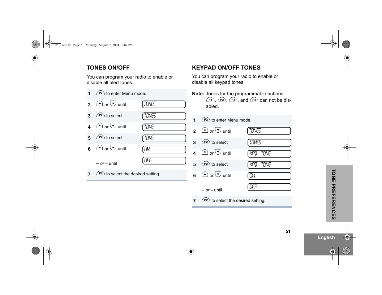 Tones on/off, Keypad on/off tones | Motorola PM400 User Manual | Page 53 / 76