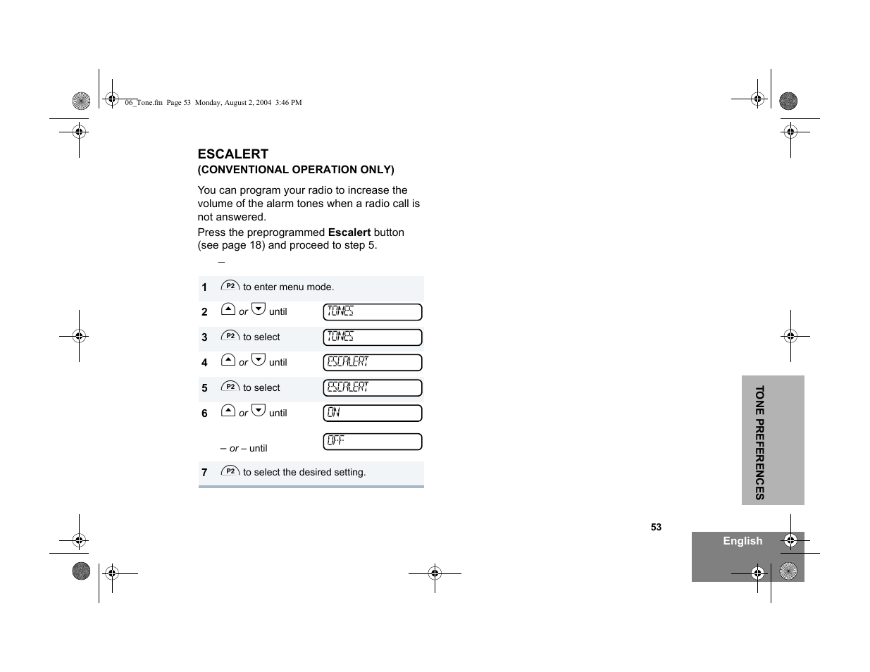 Escalert (conventional operation only) | Motorola PM400 User Manual | Page 55 / 76
