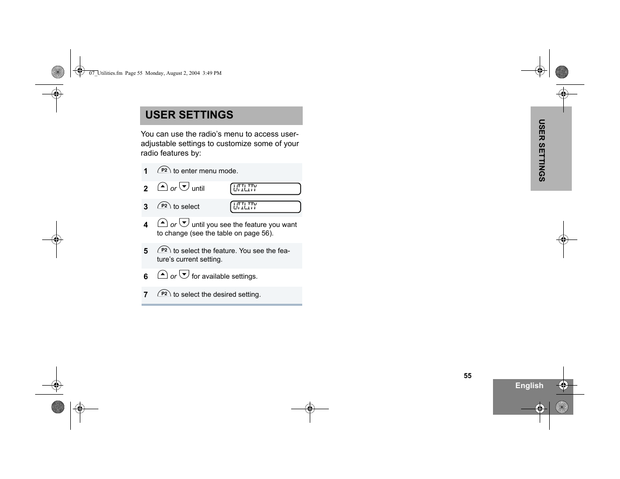 User settings | Motorola PM400 User Manual | Page 57 / 76
