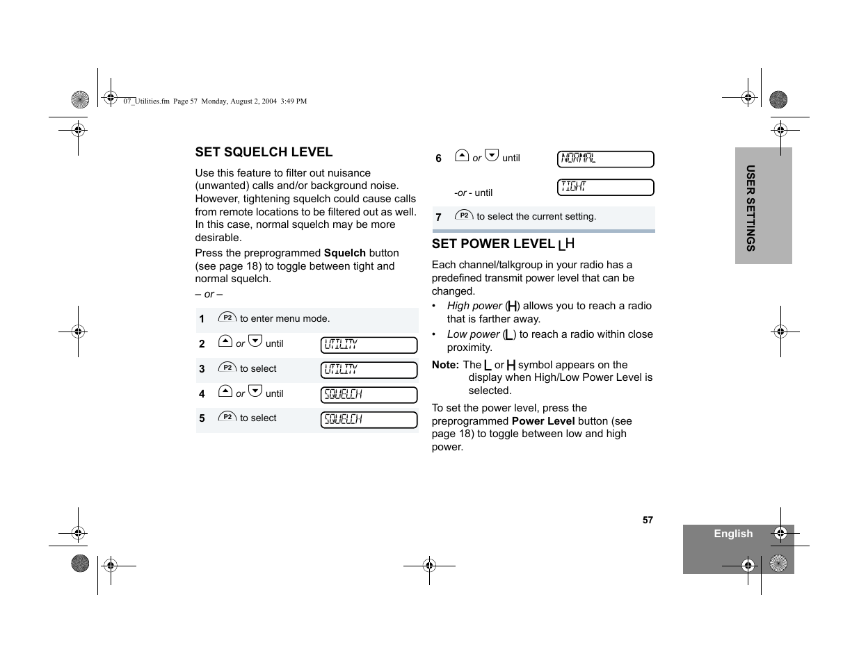Set squelch level, Set power level | Motorola PM400 User Manual | Page 59 / 76