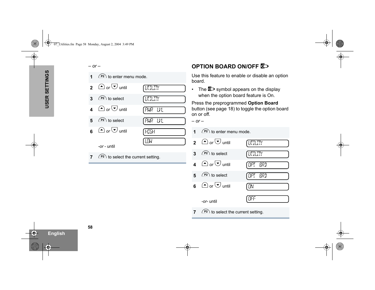 Option board on/off | Motorola PM400 User Manual | Page 60 / 76