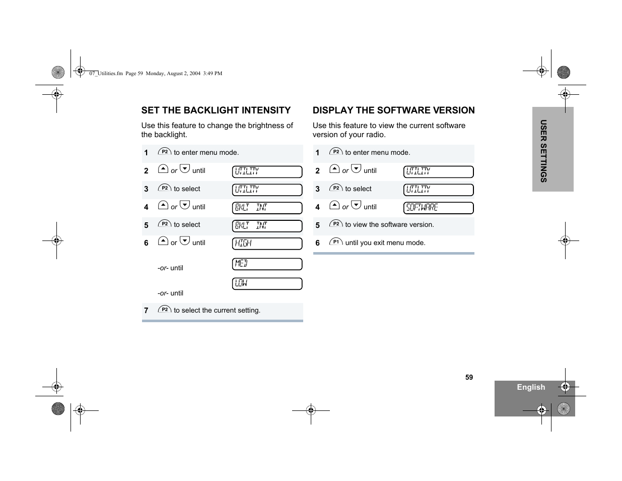Set the backlight intensity, Display the software version | Motorola PM400 User Manual | Page 61 / 76