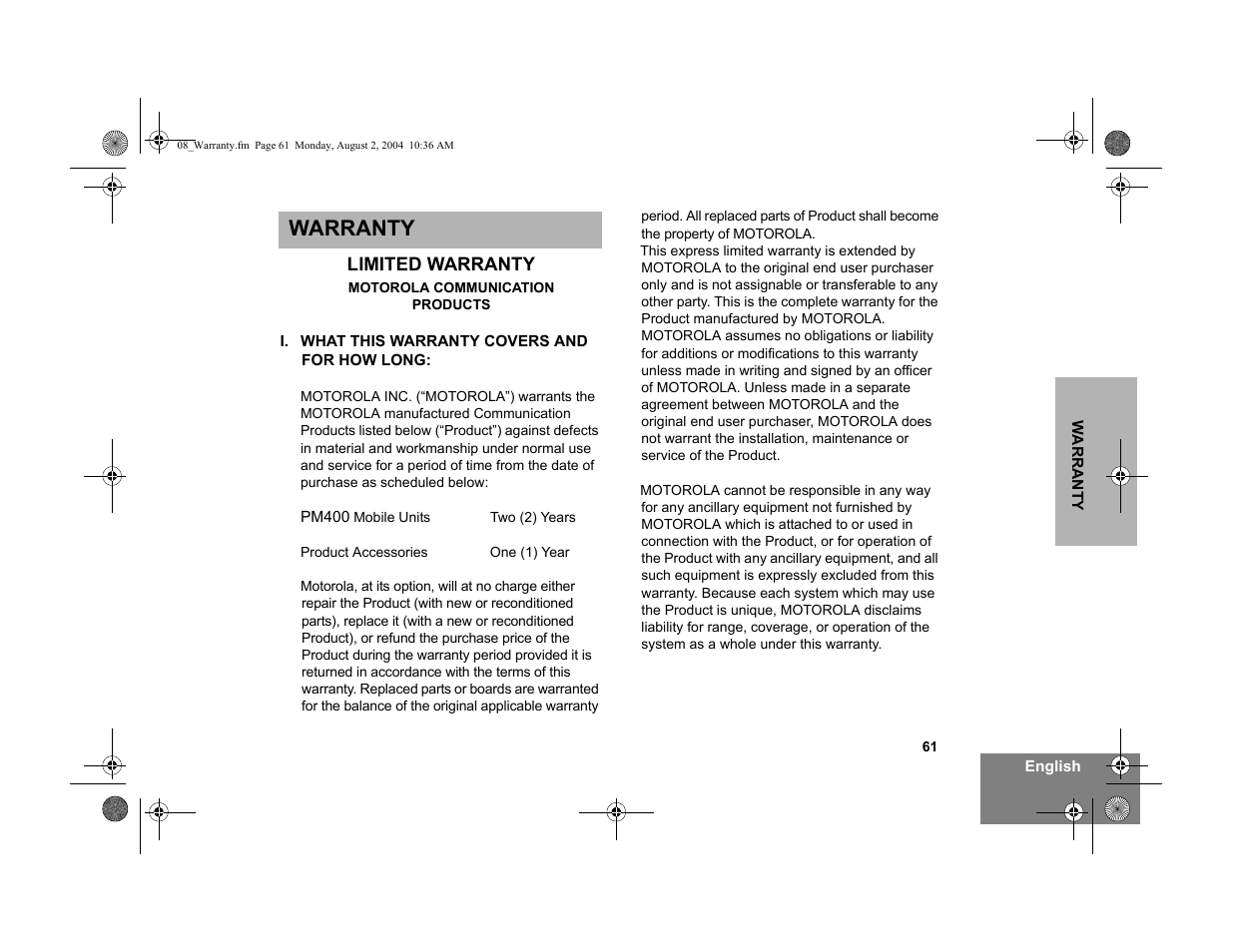 Warranty | Motorola PM400 User Manual | Page 63 / 76