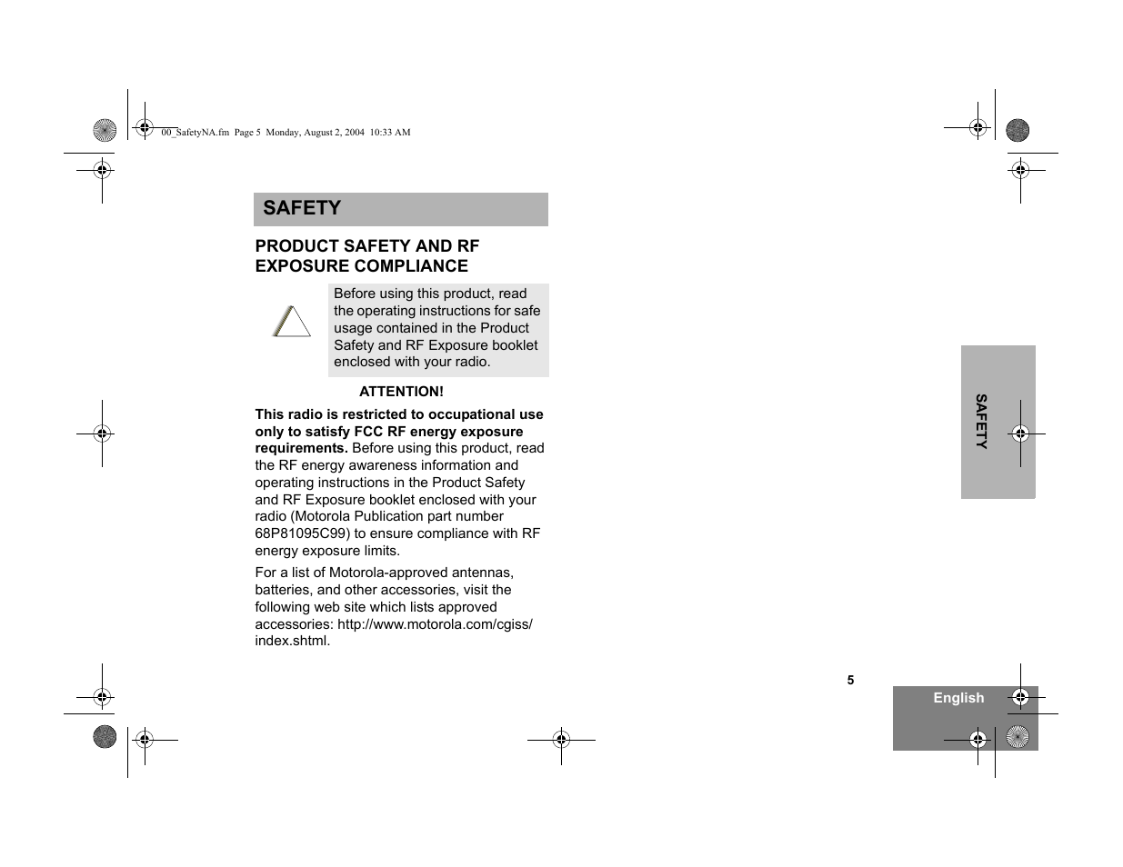 Product safety and rf exposure compliance, Safety | Motorola PM400 User Manual | Page 7 / 76