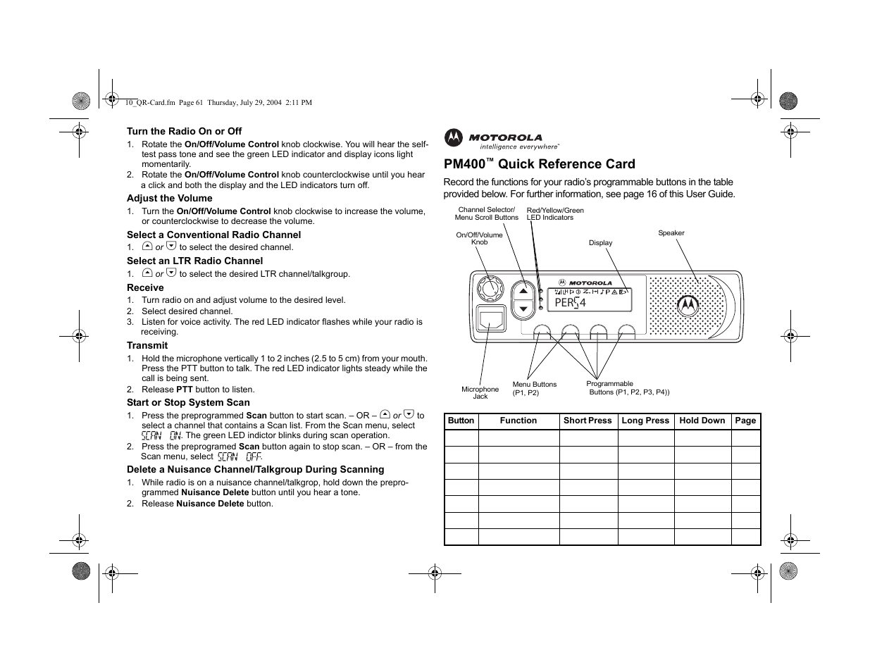 Quick reference card, Pm400, Pers4 | Motorola PM400 User Manual | Page 71 / 76