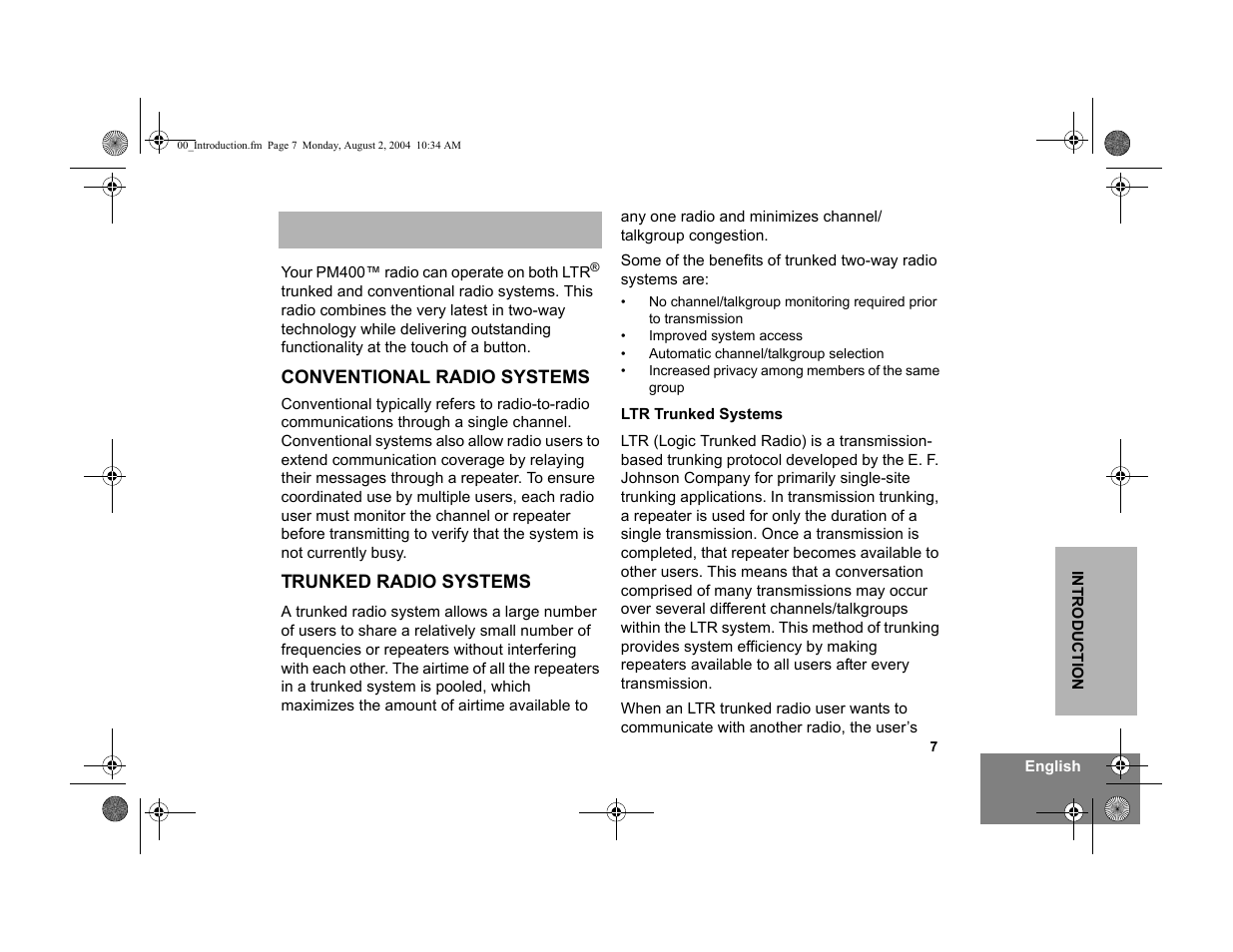 Introduction, Conventional radio systems, Trunked radio systems | Ltr trunked systems | Motorola PM400 User Manual | Page 9 / 76