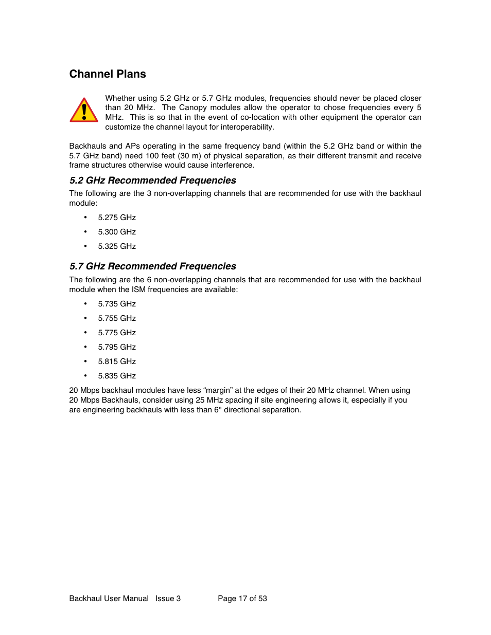 Channel plans | Motorola Canopy Backhaul Module User Manual | Page 17 / 53