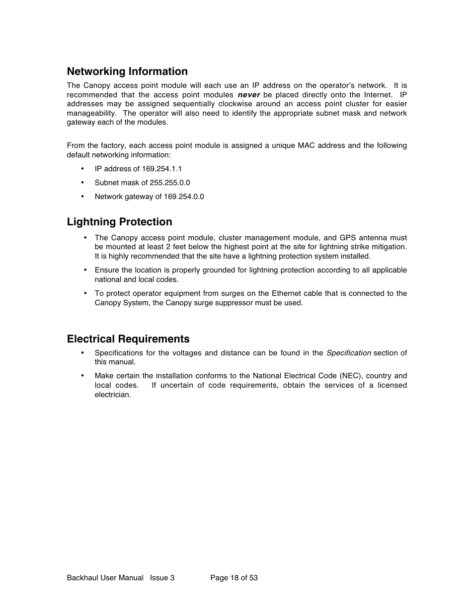 Networking information, Lightning protection, Electrical requirements | Motorola Canopy Backhaul Module User Manual | Page 18 / 53