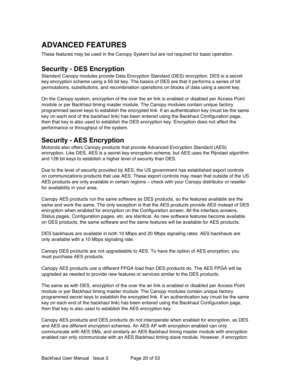 Advanced features, Security - des encryption, Security - aes encryption | Motorola Canopy Backhaul Module User Manual | Page 20 / 53