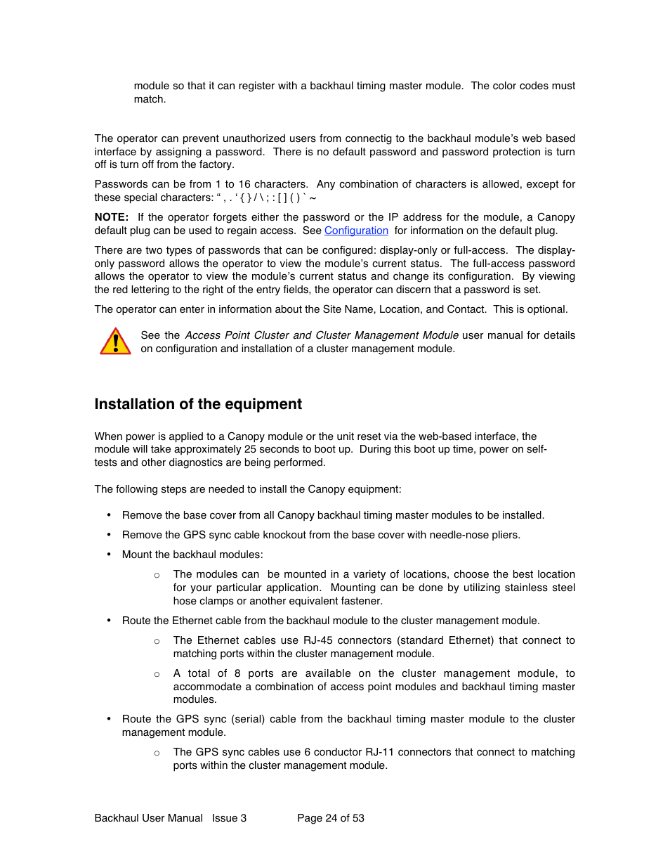 Installation of the equipment | Motorola Canopy Backhaul Module User Manual | Page 24 / 53
