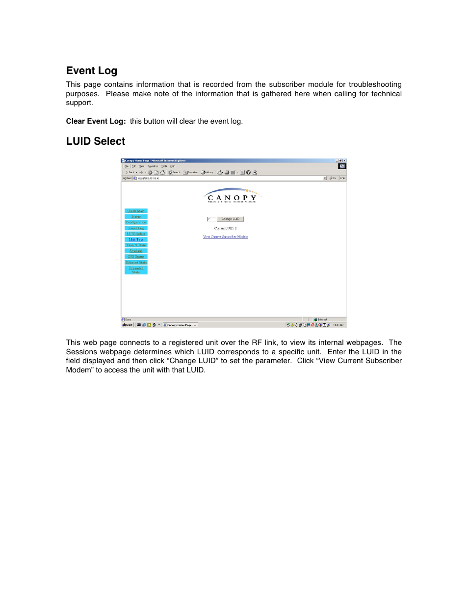 Event log, Luid select | Motorola Canopy Backhaul Module User Manual | Page 36 / 53