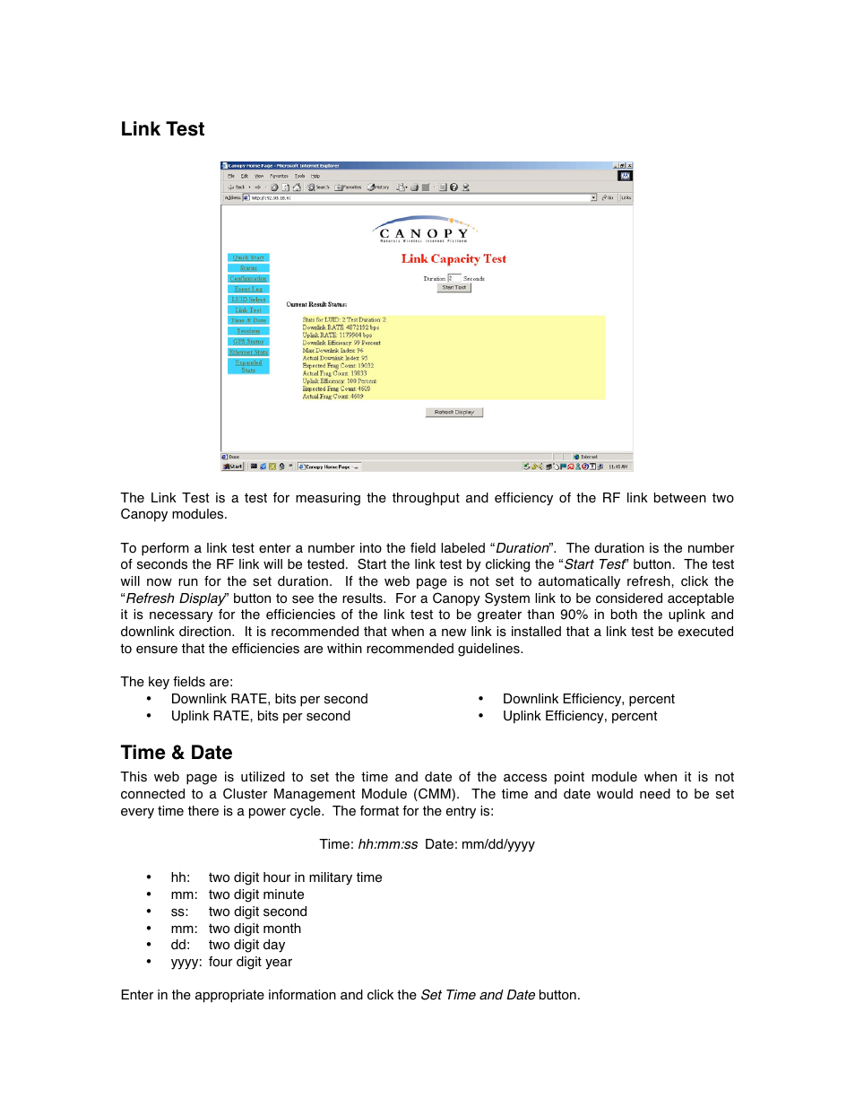 Link test, Time & date | Motorola Canopy Backhaul Module User Manual | Page 37 / 53