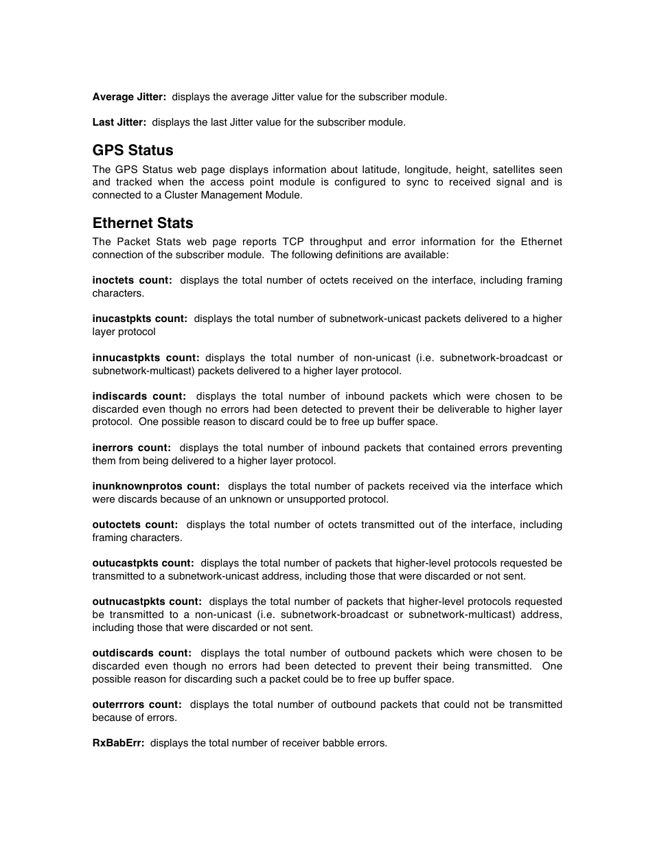 Gps status, Ethernet stats | Motorola Canopy Backhaul Module User Manual | Page 39 / 53