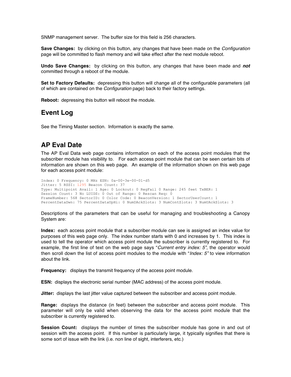 Event log, Ap eval date | Motorola Canopy Backhaul Module User Manual | Page 45 / 53