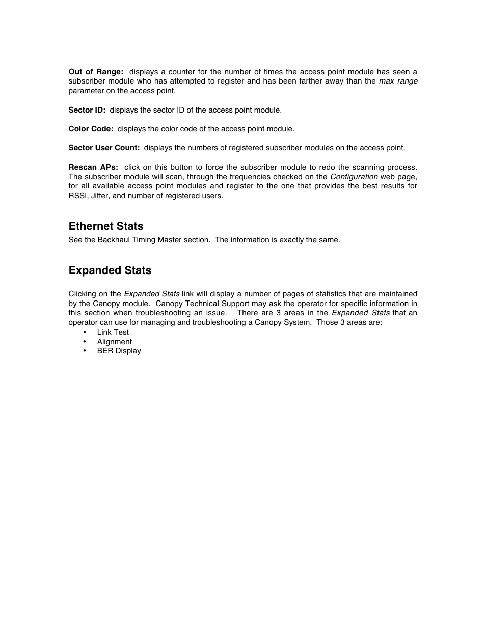 Ethernet stats, Expanded stats | Motorola Canopy Backhaul Module User Manual | Page 46 / 53