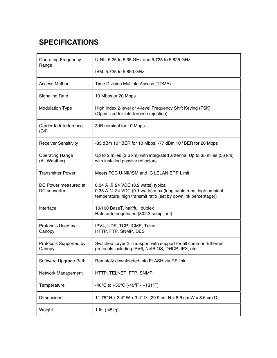 Specifications | Motorola Canopy Backhaul Module User Manual | Page 52 / 53