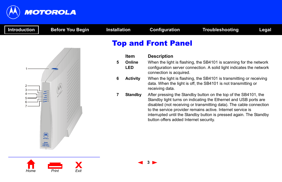 Rear p, Top and front panel | Motorola SB4101 User Manual | Page 10 / 65