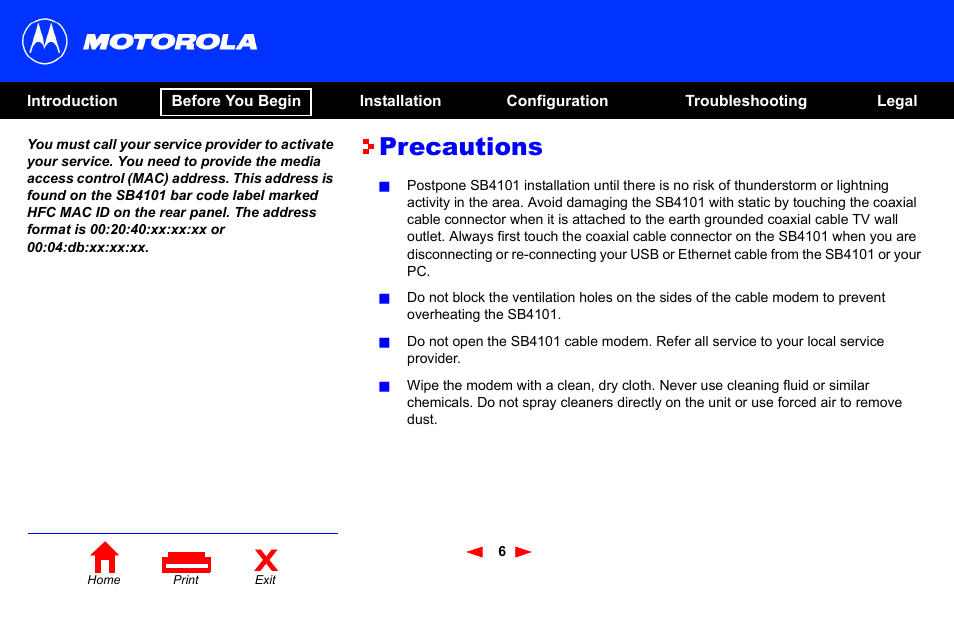 Precautions | Motorola SB4101 User Manual | Page 13 / 65