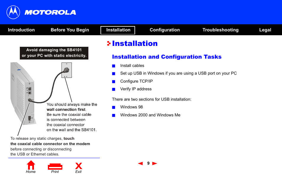 Installation and configuration, Installation and configuration tasks, Installation | Motorola SB4101 User Manual | Page 16 / 65