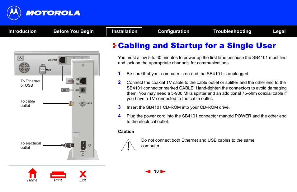 Cabling and startup for a single user | Motorola SB4101 User Manual | Page 17 / 65