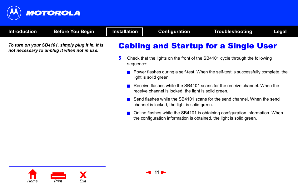 Cabling and startup for a single user | Motorola SB4101 User Manual | Page 18 / 65