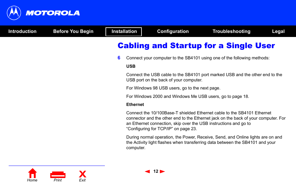 Cabling and startup for a single user | Motorola SB4101 User Manual | Page 19 / 65