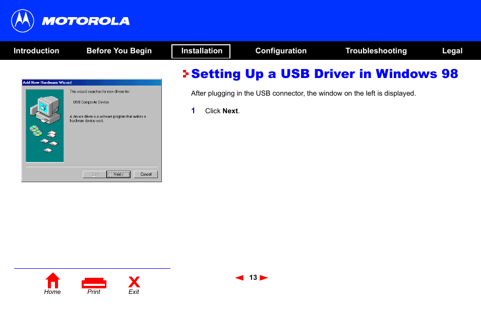 Setting up a usb driver in windows 98 | Motorola SB4101 User Manual | Page 20 / 65