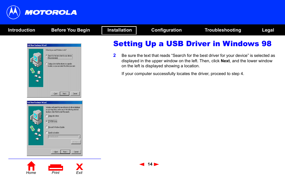 Setting up a usb driver in windows 98 | Motorola SB4101 User Manual | Page 21 / 65