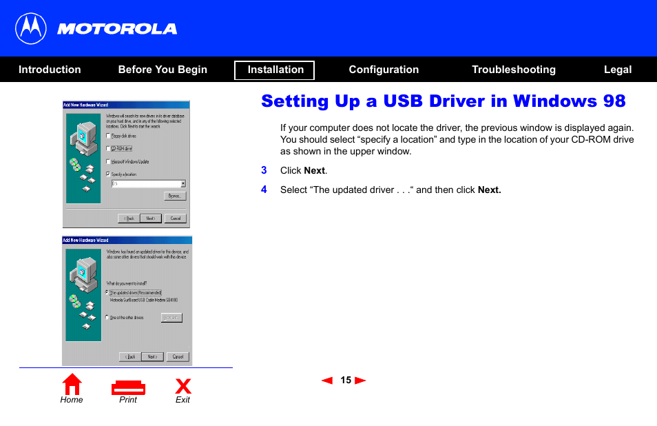 Setting up a usb driver in windows 98 | Motorola SB4101 User Manual | Page 22 / 65