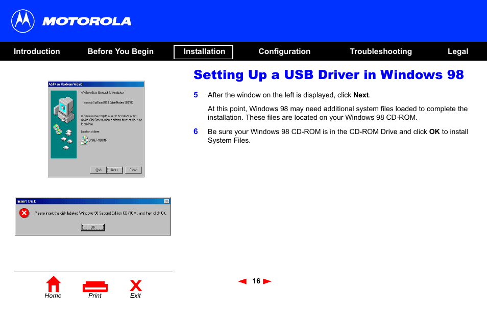 Setting up a usb driver in windows 98 | Motorola SB4101 User Manual | Page 23 / 65