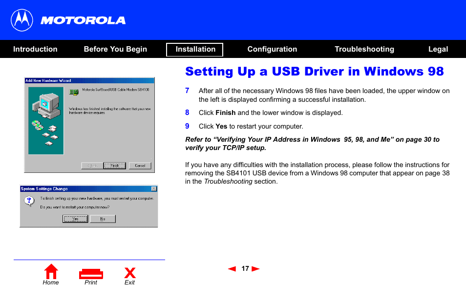 Setting up a usb driver in windows 98 | Motorola SB4101 User Manual | Page 24 / 65