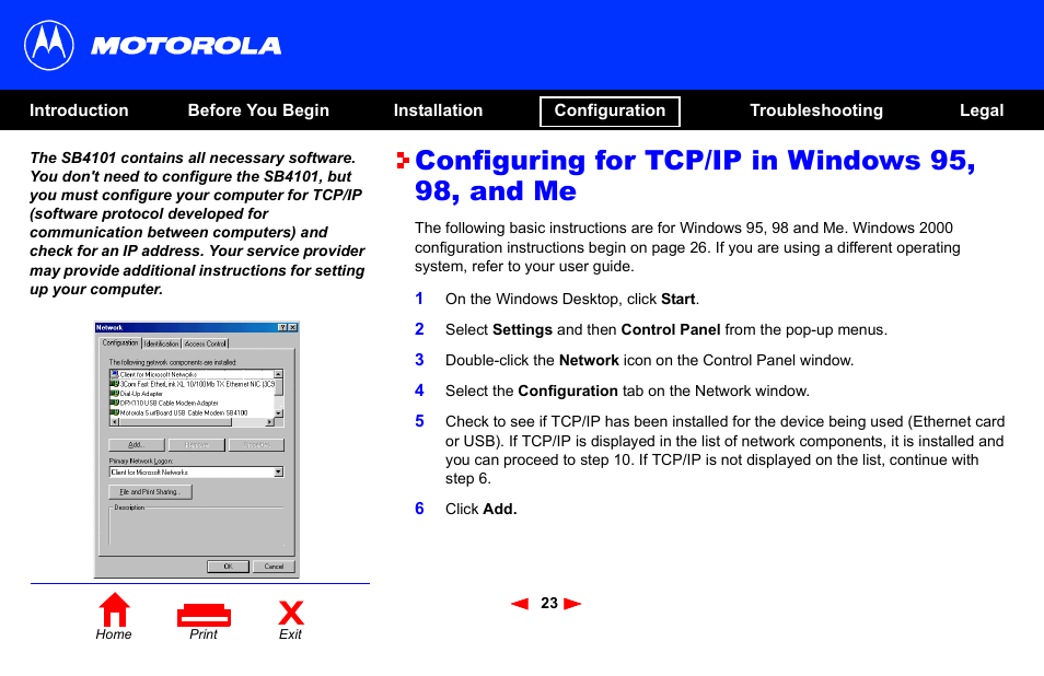 Configuring for tcp/ip in windows 95, 98, and me | Motorola SB4101 User Manual | Page 30 / 65