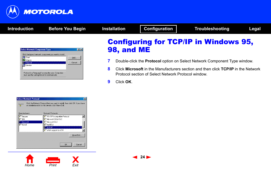 Configuring for tcp/ip in windows 95, 98, and me | Motorola SB4101 User Manual | Page 31 / 65