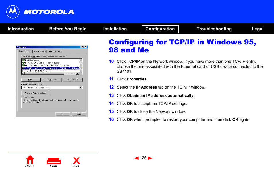 Configuring for tcp/ip in windows 95, 98 and me | Motorola SB4101 User Manual | Page 32 / 65