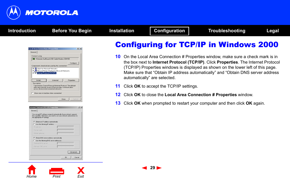 Configuring for tcp/ip in windows 2000 | Motorola SB4101 User Manual | Page 36 / 65