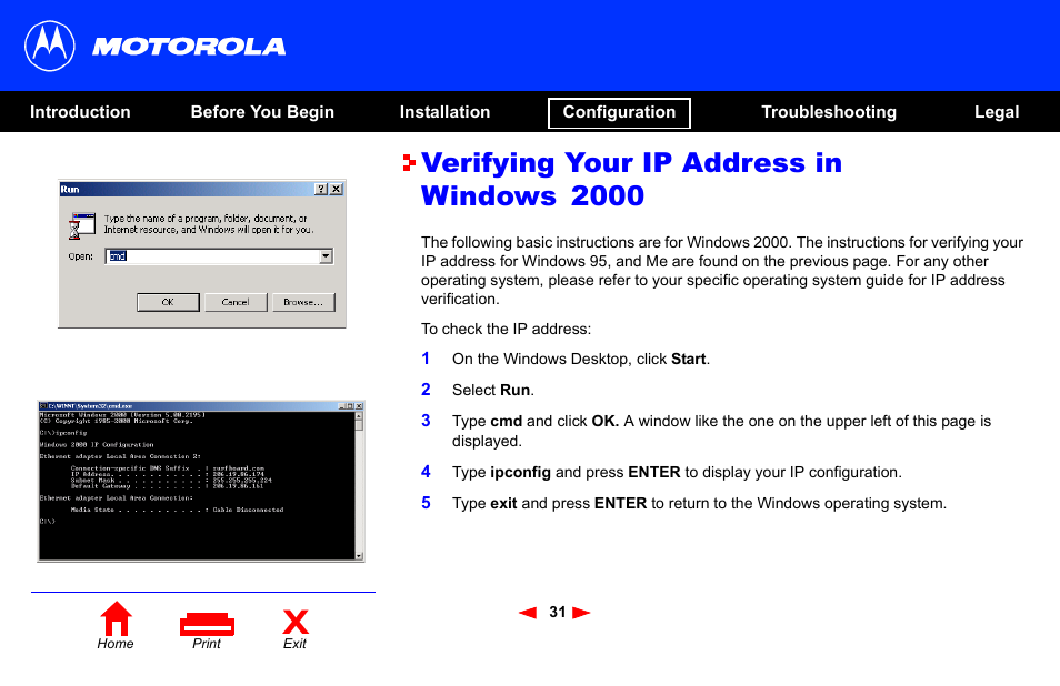 Verifying your ip address in windows 2000 | Motorola SB4101 User Manual | Page 38 / 65