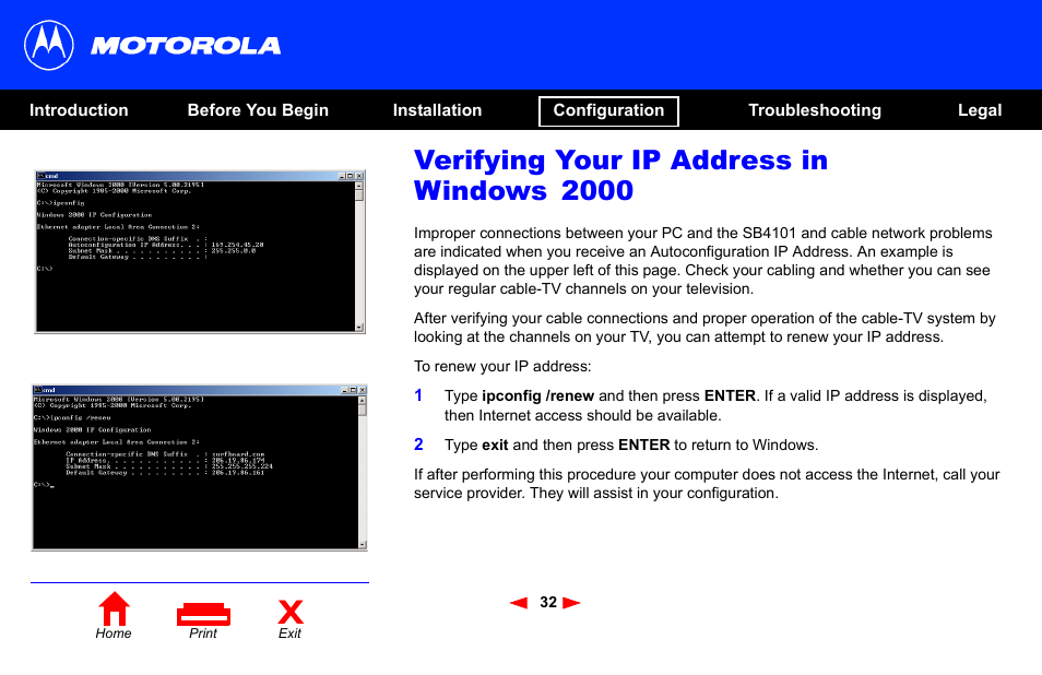 Verifying your ip address in windows 2000 | Motorola SB4101 User Manual | Page 39 / 65