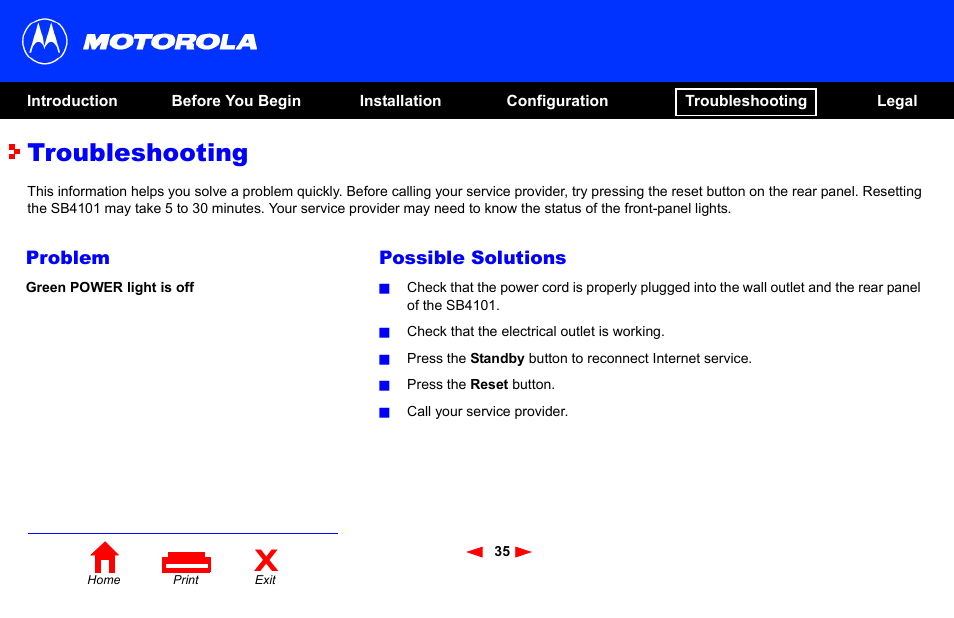 Troubleshooting, Problem, Possible solutions | Motorola SB4101 User Manual | Page 42 / 65