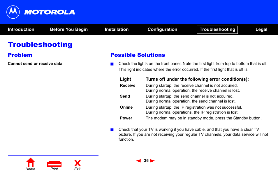 Problems and possible solutions, Troubleshooting, Problem | Possible solutions | Motorola SB4101 User Manual | Page 43 / 65