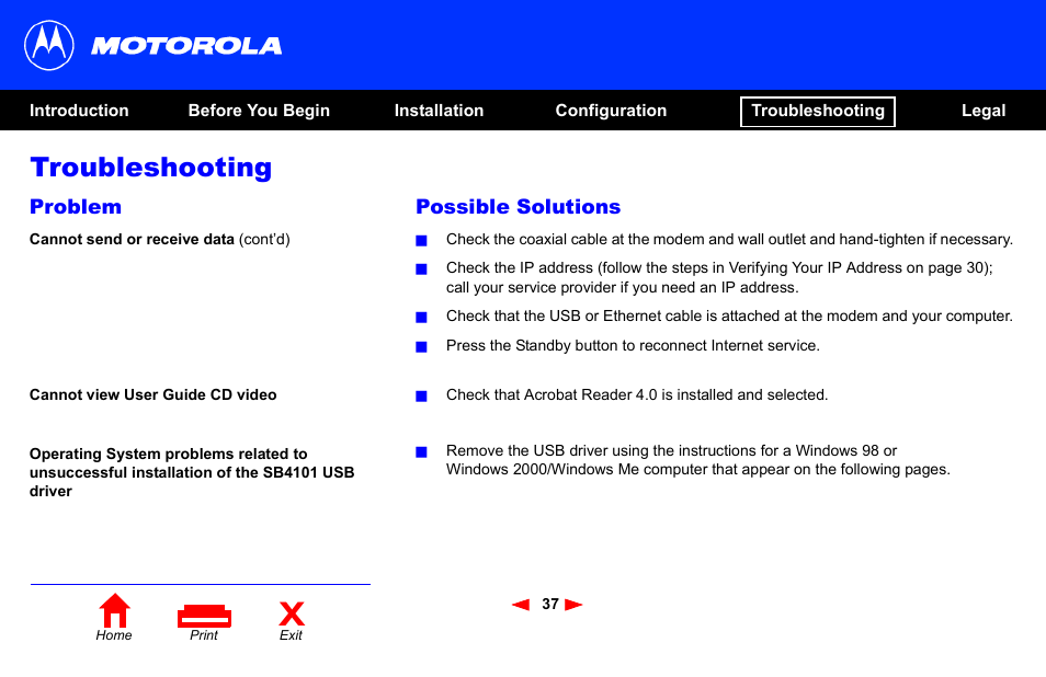 Troubleshooting, Problem, Possible solutions | Motorola SB4101 User Manual | Page 44 / 65