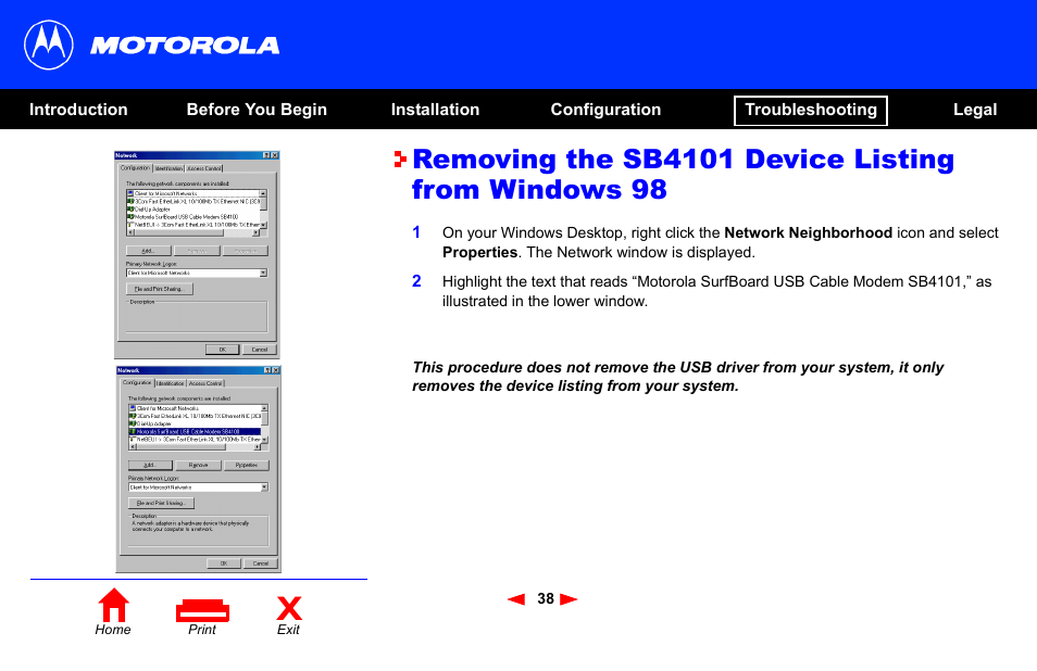 Removing the sb4101 device listing from windows 98 | Motorola SB4101 User Manual | Page 45 / 65