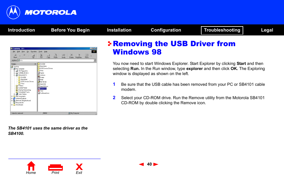 Removing the usb driver from windows 98 | Motorola SB4101 User Manual | Page 47 / 65