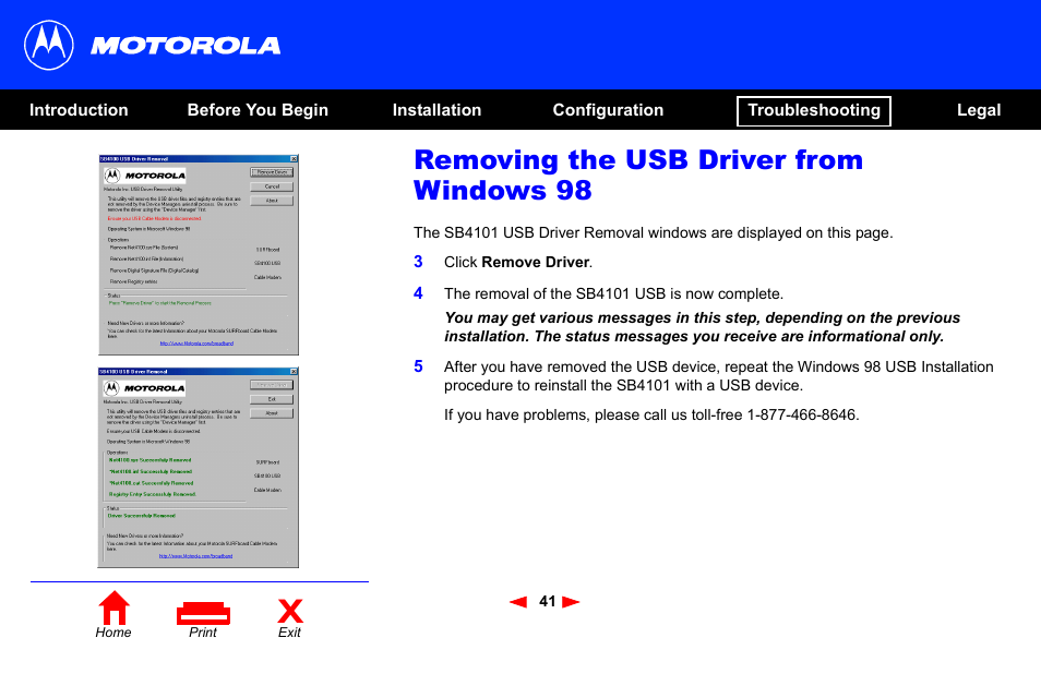 Removing the usb driver from windows 98 | Motorola SB4101 User Manual | Page 48 / 65