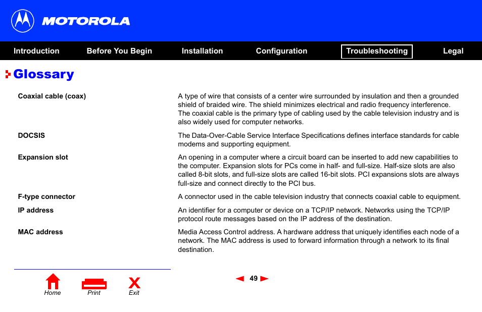 Glossary | Motorola SB4101 User Manual | Page 56 / 65