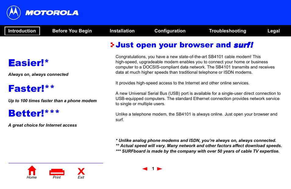 Introduction, Eeasier, Faster | Better, Just open your browser and surf! surf! surf! surf | Motorola SB4101 User Manual | Page 8 / 65