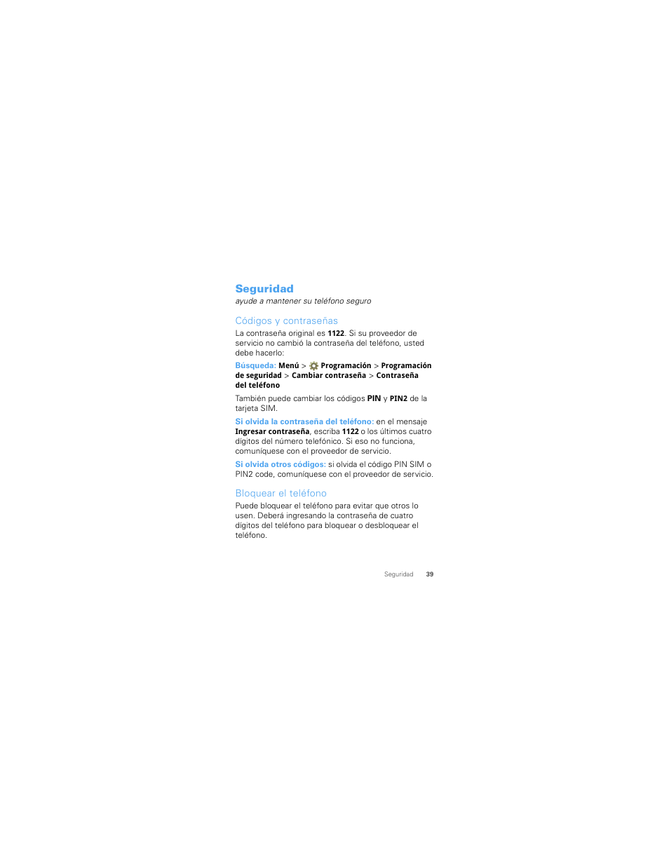 Seguridad, Códigos y contraseñas, Bloquear el teléfono | Motorola W418G User Manual | Page 105 / 134