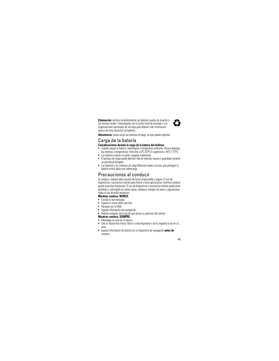 Carga de la batería, Precauciones al conducir | Motorola W418G User Manual | Page 111 / 134